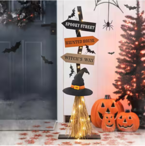 Glitzhome 42 in. H Lighted Wooden Witch's Broom Porch Decor
